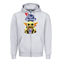 Heather Grey Baby Yoda Hugs Pabst Blue Ribbon Beer Zipper Hoodie - artisFamous