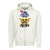 Oatmeal Heather Baby Yoda Hugs Pabst Blue Ribbon Beer Zipper Hoodie - artisFamous