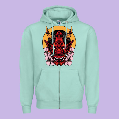 Demon Oni Mask Zipper Hoodie Designed By Artisfamous