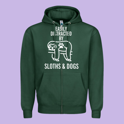 Easily Distracted By Sloths And Dogs Funny Sloth Quote Paw Print Zipper Hoodie Designed By Artisfamous