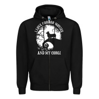 Black i love horror movies and my corgi funny corgi Zipper Hoodie - artisFamous
