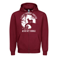 Burgundy i love horror movies and my corgi funny corgi Zipper Hoodie - artisFamous