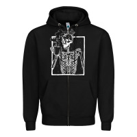 Black distressed skeleton vintage smiling skull drinking coffee Zipper Hoodie - artisFamous