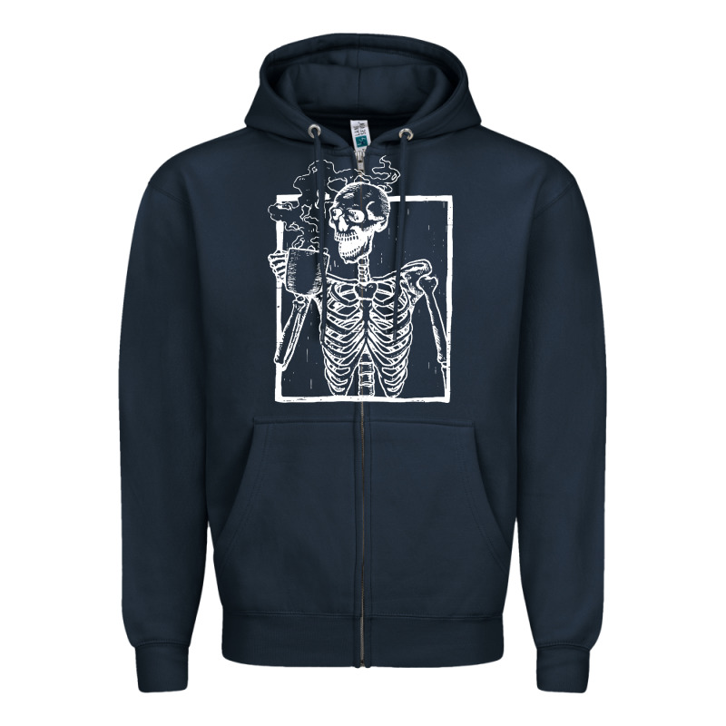 Distressed Skeleton Vintage Smiling Skull Drinking Coffee Zipper Hoodie by artisFamous | Teevron