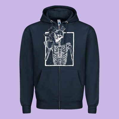 Distressed Skeleton Vintage Smiling Skull Drinking Coffee Zipper Hoodie Designed By Artisfamous