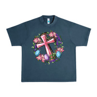 Midnight Navy Cross With Floral Wreath And Easter Eggs Urban Heavy Tee - RanaPortraitStore