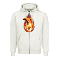 Oatmeal Heather Dog In Fire Zipper Hoodie - artisFamous