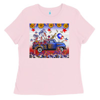Bubblegum Pink Fourth Of July Truck American Flag Ladies Tee - FaDigitalArtStudio