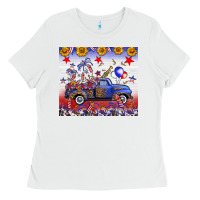 White Fourth Of July Truck American Flag Ladies Tee - FaDigitalArtStudio