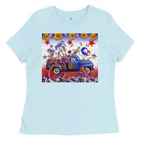 Baby Blue Fourth Of July Truck American Flag Ladies Tee - FaDigitalArtStudio