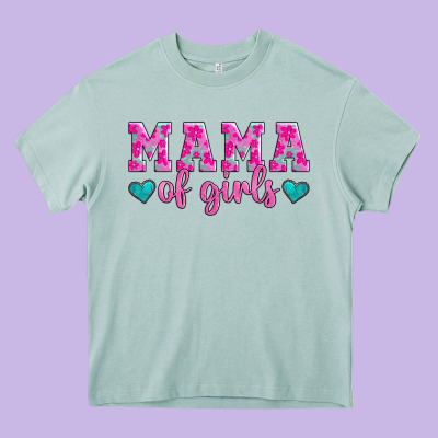 Mama Of Girls Floral Pattern Turquoise Heart Heavy Core Tee Designed By Jasminsmagicworld