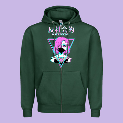 Antisocial Wave Anime Zipper Hoodie Designed By Artisfamous