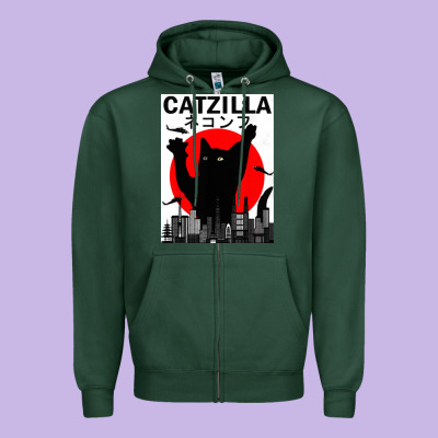 Vintage Catzilla Japanese Sunset Style Zipper Hoodie Designed By Artisfamous