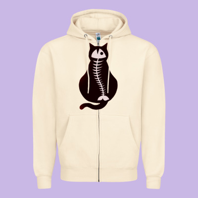 Cat With Fish Bone Zipper Hoodie Designed By Artisfamous