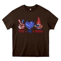 Chocolate Brown Peace love America with gnome 4th of july Heavy Core Tee - HowdyJamesFarm