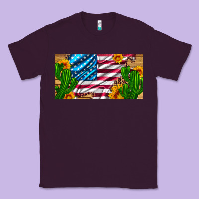Usa Flag And Cactus And Sunflowers With Leopard And Wood License  Plat Classic Tee Designed By Artiststas