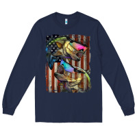 Navy American Flag With Bass Fish Long Sleeve Tee - LillyAllenDesigns