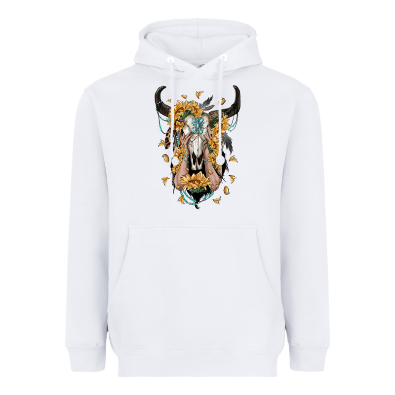 Sunflower Boho Bull Skull With Hands Heavyweight Hoodie by RanaPortraitStore | Teevron