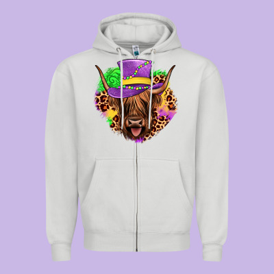 Highland Cow Mardi Gras Zipper Hoodie Designed By Jahusdesignshop