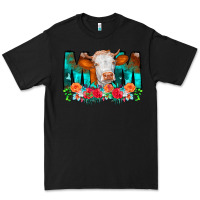 Black Cow Mom Turquoise Tooled Leather Flowers Premium Tee - CowCowDesign