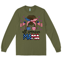 Army Green All American Mama Messy Buny Long Sleeve Tee - CowhideDigitalArt