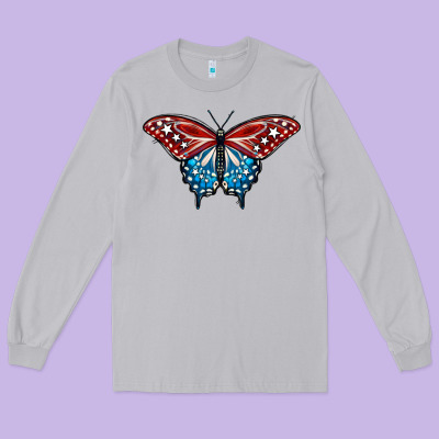 Patriotic American Flag Butterfly 4th Of July Long Sleeve Tee Designed By Lillyallendesigns