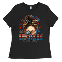 Black All American mama messy bun 4th of july Ladies Tee - FaDigitalArtStudio