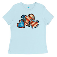 Baby Blue American flag hearts 4th of july Ladies Tee - FaDigitalArtStudio