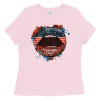 Bubblegum Pink American flag lips 4th of july Ladies Tee - FaDigitalArtStudio