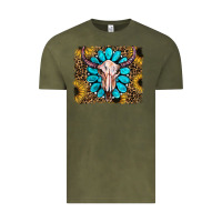 Vintage Olive leopard sunflowers and gemstone skull Vintage Tee - RanaPortraitStore