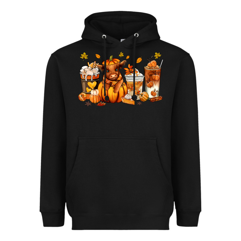Fall Autumn Cow Pumpkin Coffee Cups Heavyweight Hoodie by RanaPortraitStore | Teevron