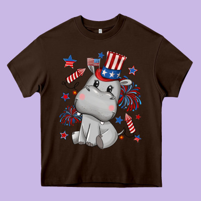 Fourth Of July Hippopotamus Heavy Core Tee Designed By Cowgirlartshop