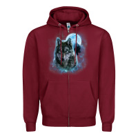 Burgundy t shirt, grey wolf hunting ground, icy moon, forest, galaxy Zipper Hoodie - linhVisuals