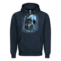 Navy t shirt, grey wolf hunting ground, icy moon, forest, galaxy Zipper Hoodie - linhVisuals