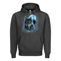 Charcoal Heather t shirt, grey wolf hunting ground, icy moon, forest, galaxy Zipper Hoodie - linhVisuals