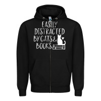 Black easily distracted by cats and books   cute book lover t shirt Zipper Hoodie - linhVisuals