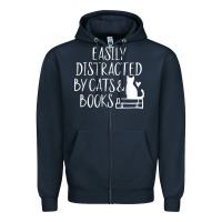 Navy easily distracted by cats and books   cute book lover t shirt Zipper Hoodie - linhVisuals