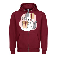 Burgundy Cat Drinking Coffee Kitten Kawaii Japanese Kitty Zipper Hoodie - linhVisuals