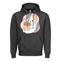 Charcoal Heather Cat Drinking Coffee Kitten Kawaii Japanese Kitty Zipper Hoodie - linhVisuals