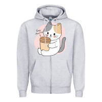 Heather Grey Cat Drinking Coffee Kitten Kawaii Japanese Kitty Zipper Hoodie - linhVisuals