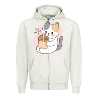 Oatmeal Heather Cat Drinking Coffee Kitten Kawaii Japanese Kitty Zipper Hoodie - linhVisuals