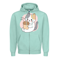Seafoam Cat Drinking Coffee Kitten Kawaii Japanese Kitty Zipper Hoodie - linhVisuals