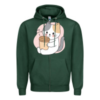 Sports Green Cat Drinking Coffee Kitten Kawaii Japanese Kitty Zipper Hoodie - linhVisuals