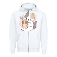 White Cat Drinking Coffee Kitten Kawaii Japanese Kitty Zipper Hoodie - linhVisuals