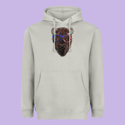 Bison With American Flag Glasses Heavyweight Hoodie Designed By Ranaportraitstore