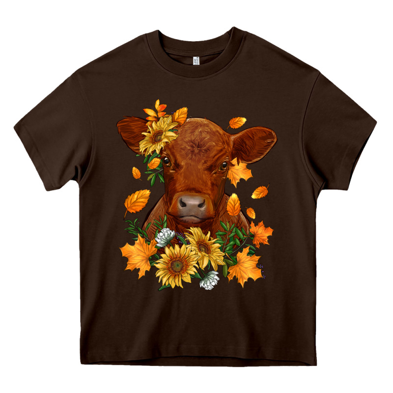 Fall Red Angus Calf Dried Leaves And Sunflowers Heavy Core Tee by RanaPortraitStore | Teevron
