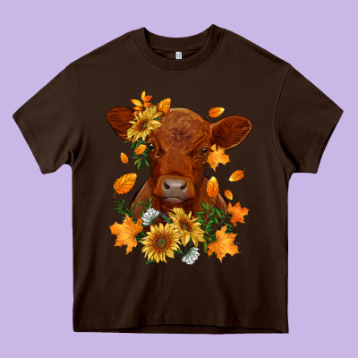 Fall Red Angus Calf Dried Leaves And Sunflowers Heavy Core Tee Designed By Ranaportraitstore