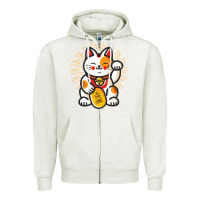 Oatmeal Heather maneki neko lucky cat money feline japanese good luck charm kitten gif Zipper Hoodie - linhVisuals