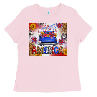 Bubblegum Pink Fourth Of July America Truck Ladies Tee - FaDigitalArtStudio