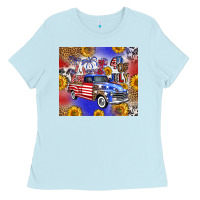 Baby Blue Fourth Of July Sunflowers Truck Ladies Tee - FaDigitalArtStudio